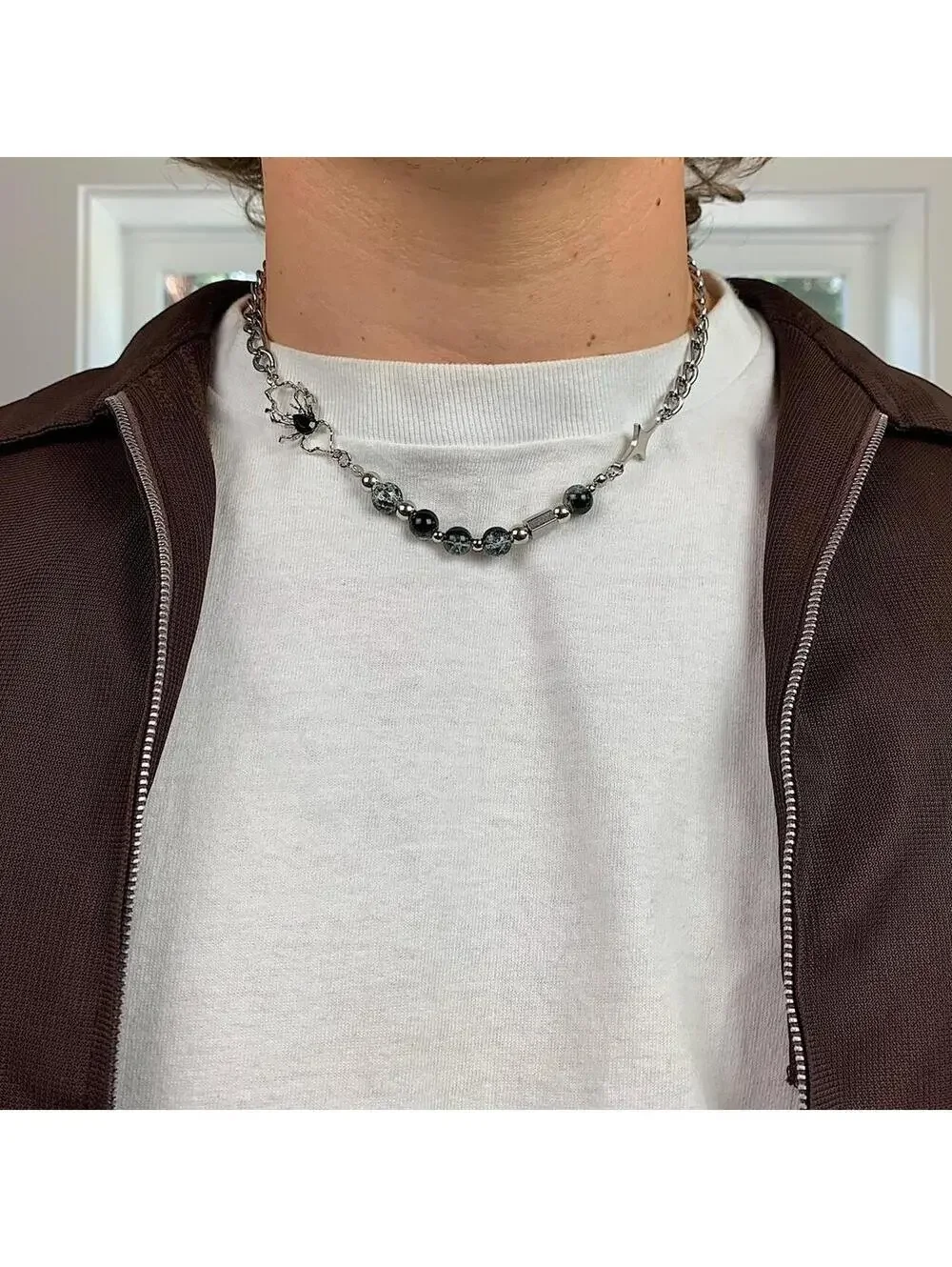 Cyber Y2k 2000s Silver Opium Spider ️ Pendant beaded necklace Cuban link